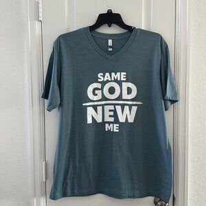 Same God New Me Graphic V-Neck T-Shirt 2X Blue By LIF 52% Combed Cotton & 48% Po